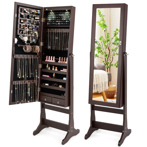 Costway Mirrored Jewelry Cabinet Organizer Storage Stand with LED Lights Clearance Brown