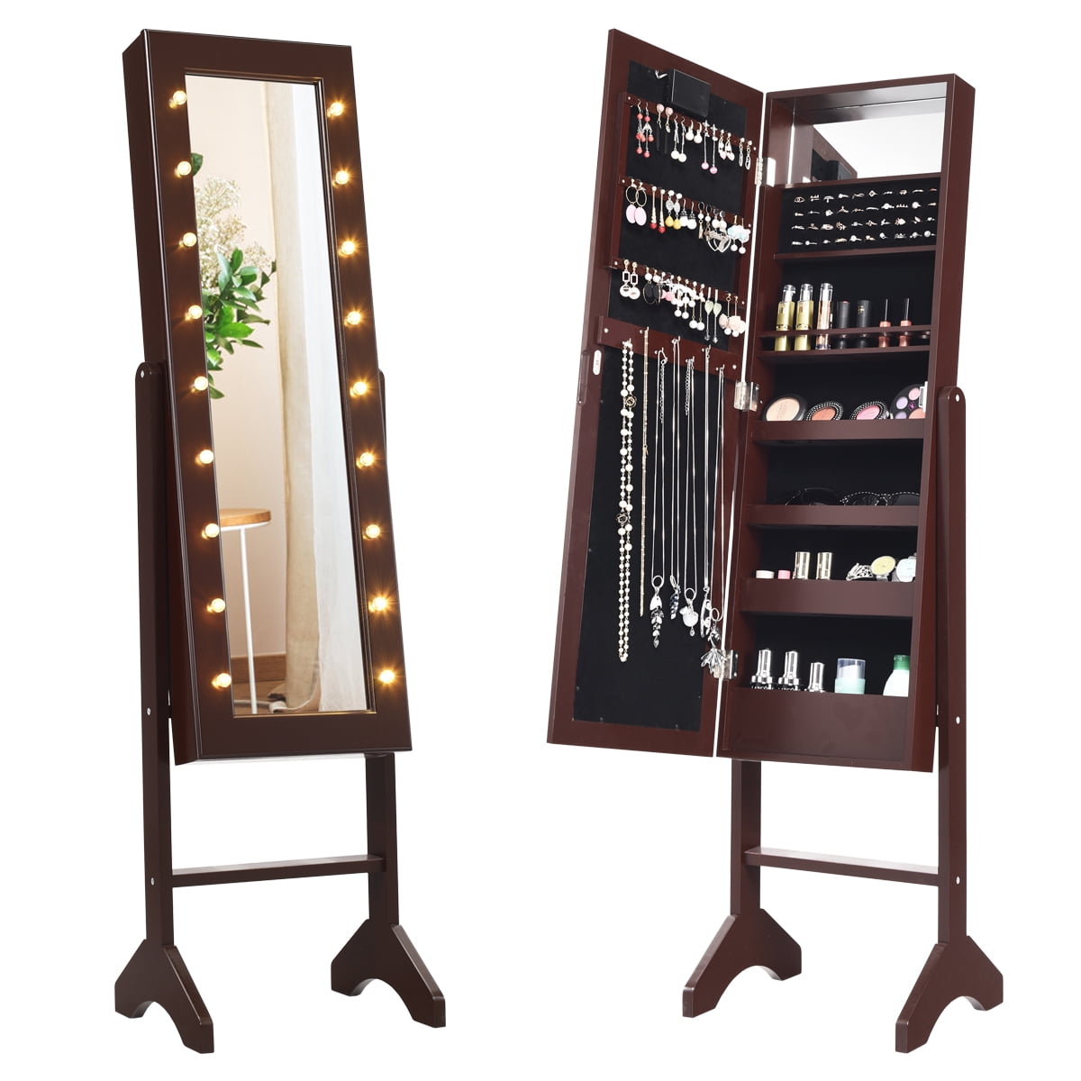 Costway Mirrored Jewelry Cabinet Jewelry Organizer W/2 Led Lights Brown :  Target