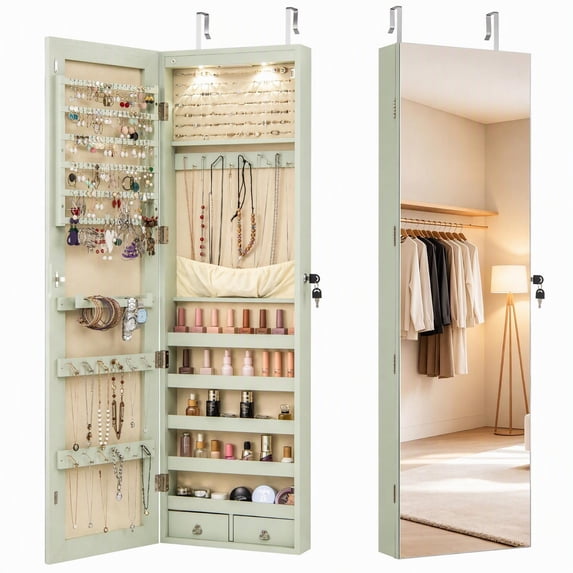 Costway Mirrored Wall & Door Mounted Jewelry Cabinet Storage Organizer with Lights&Drawer Green