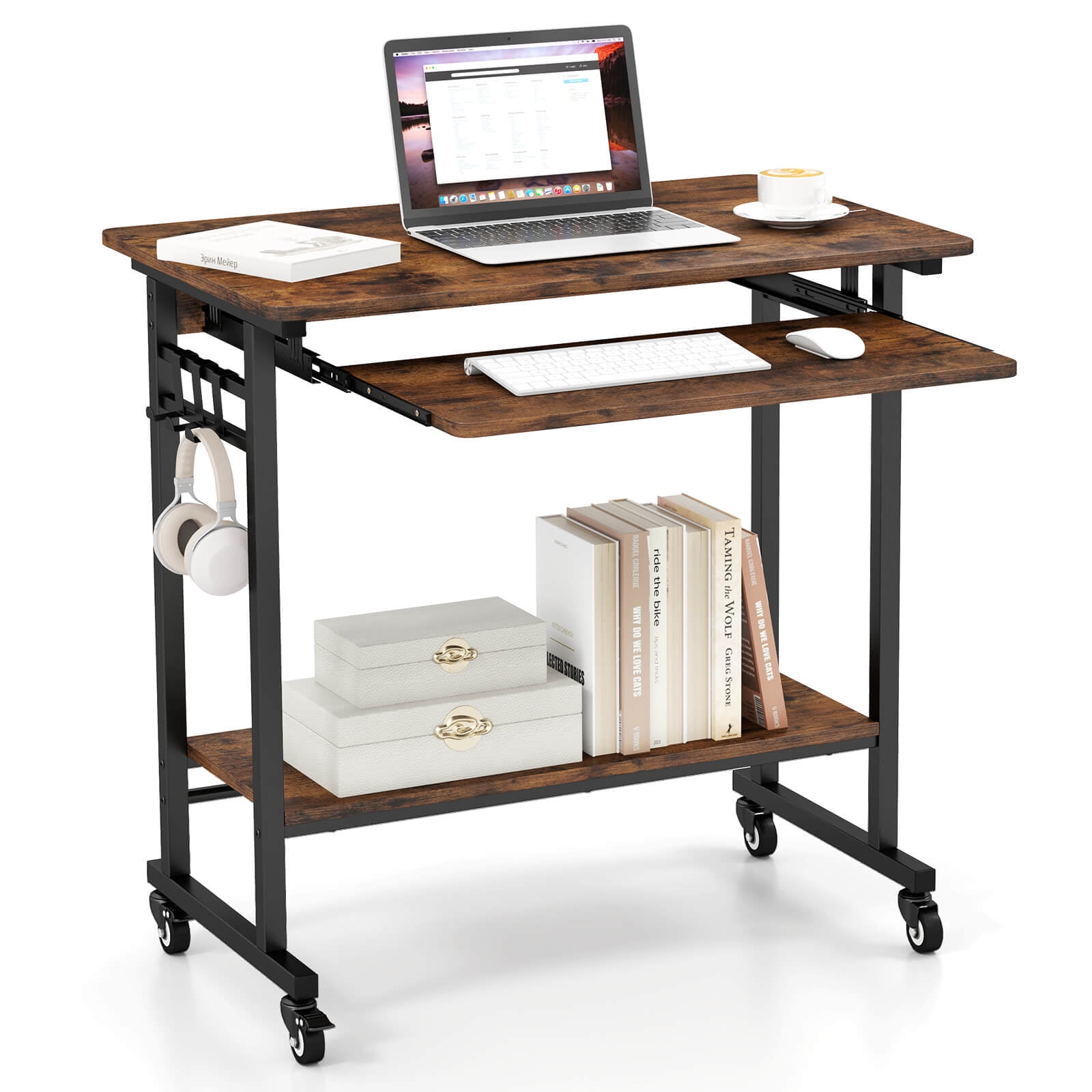 Costway Mobile Laptop Desk with Keyboard Tray, Lower Shelf, 3 Hooks, 4 Universal Wheels Rustic Brown