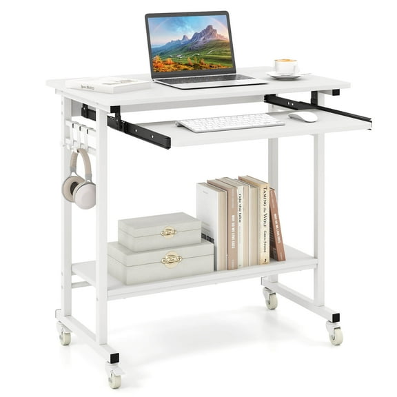 Costway Mobile Laptop Desk with Keyboard Tray, Lower Shelf, 3 Hooks, 4 Universal Wheels White