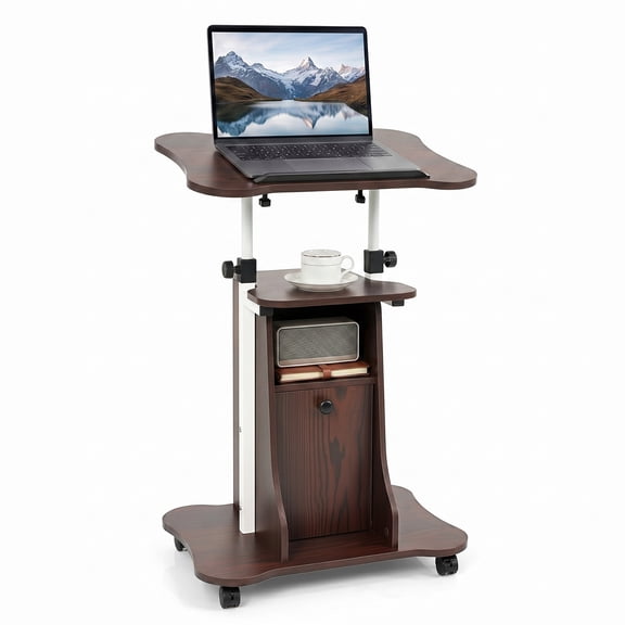 Costway Mobile Podium Stand, Height Adjustable Laptop Cart with Tilting Top Storage Cabinet Rustic Brown + Black