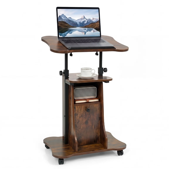 Costway Mobile Podium Stand, Height Adjustable Laptop Cart with Tilting Top Storage Cabinet Rustic Brown + Black