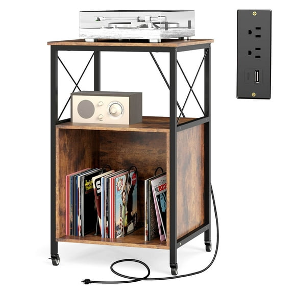 Costway Mobile Record Player Stand with Power Outlet Open Shelf & Dividers Metal Frame