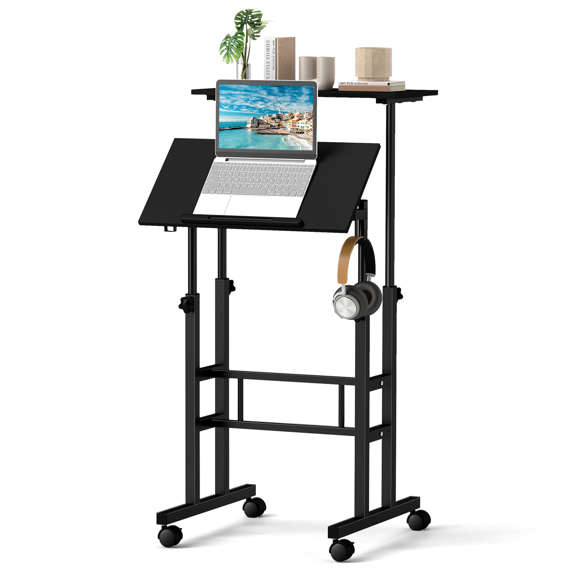 Black Adjustable Height Rolling Laptop Cart with Dual Tabletops