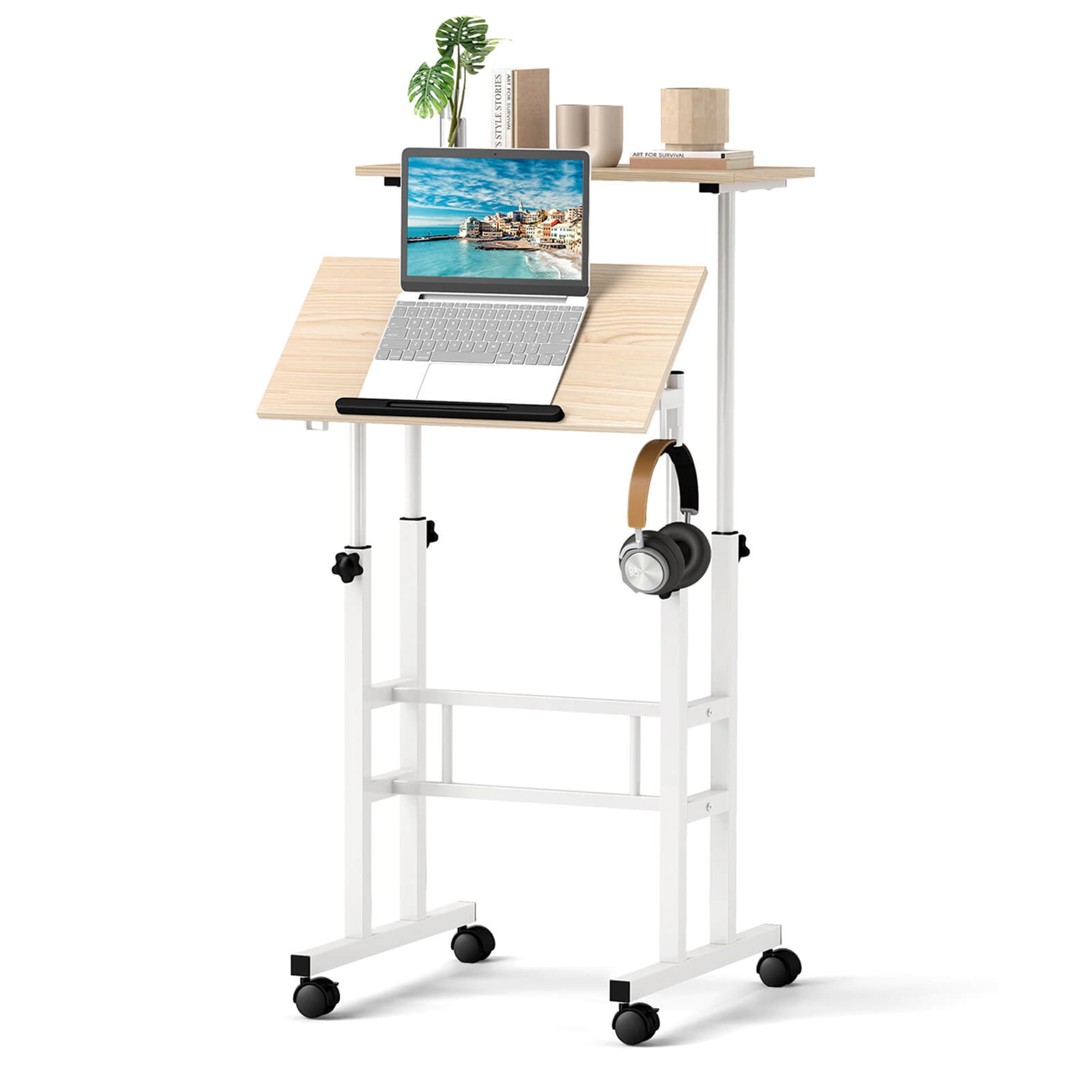 Costway Height Adjustable Mobile Standing Desk with Tiltable Desktop 2 Hanging Hooks