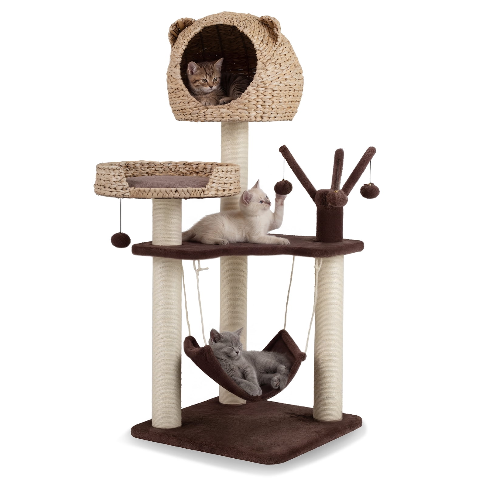 Costway Modern Cat Tree Tower with Natural Sisal Scratching Posts Hammock Balls for Kittens Brown