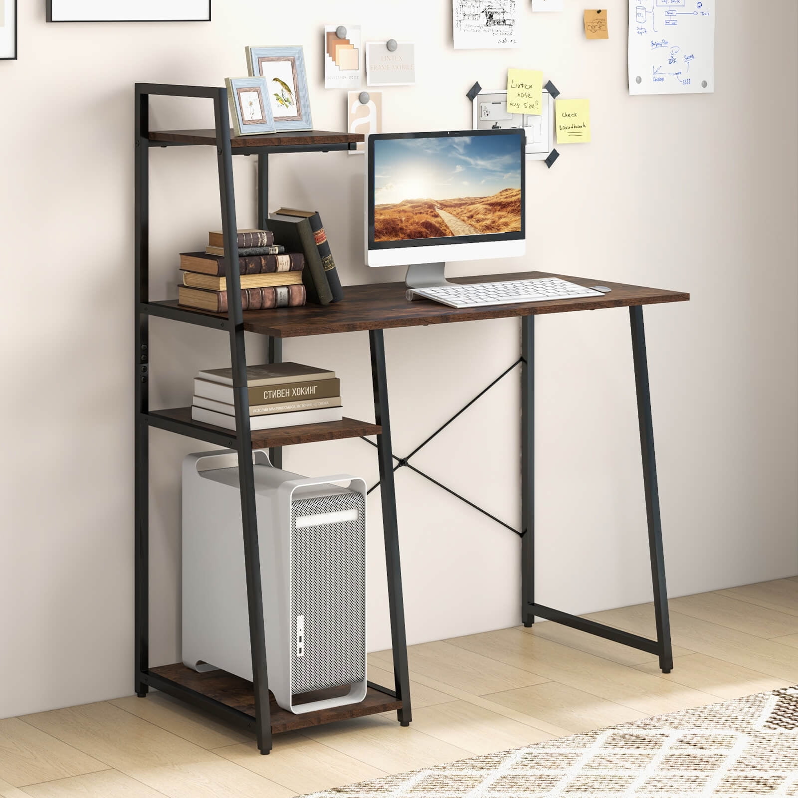 Costway Modern Computer Desk with 3-tier Storage Shelf CPU Stand Metal Frame for Bedroom