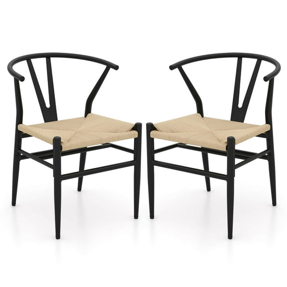 Costway Modern Dining Chair Set of 2 Weave Kitchen Armchairs with Y-Shaped Curved Backrest