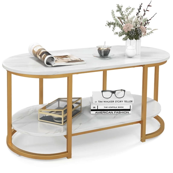 Costway Modern Durability MDF Coffee Table with Open Storage Shelf, White Gold