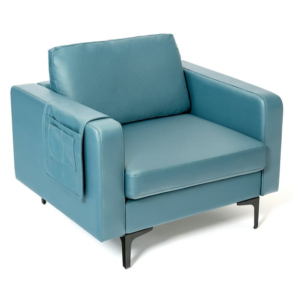 Costway Modern Leathaire Fabric Accent Armchair Single Sofa w/ Side Storage Pocket Blue
