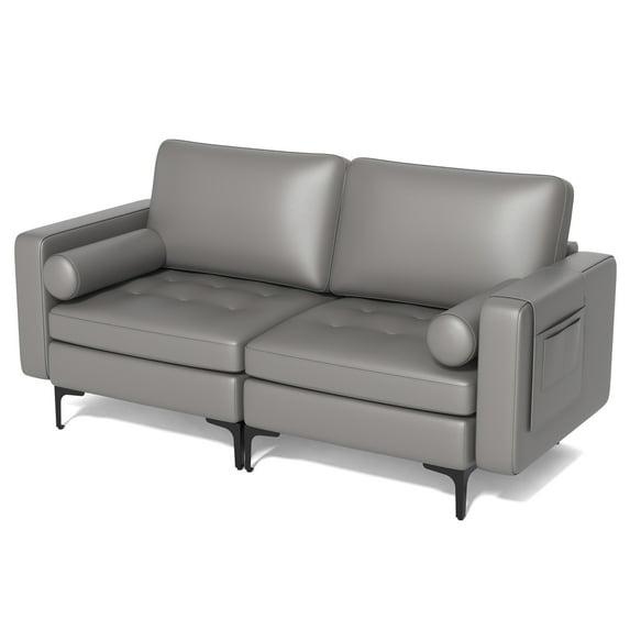Costway Modern Loveseat 2-Seat Sofa Couch with 2 Bolsters Side Storage Pocket Grey