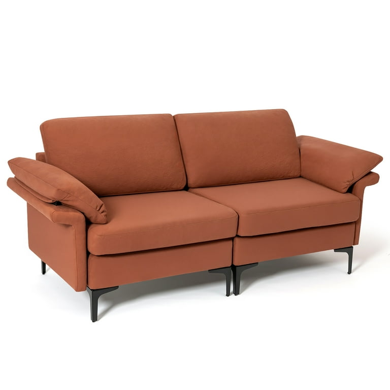 Costway Modern Loveseat Fabric 2 Seat Sofa Couch for Small Space w Metal Legs Rust Red