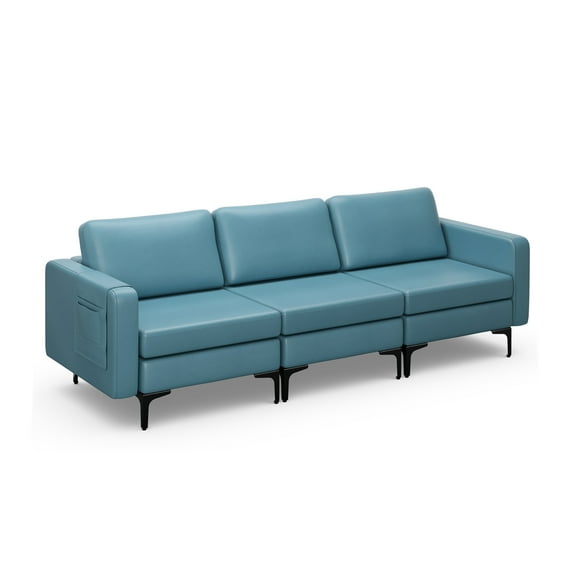 Costway Modern Modular 3-Seat Sofa Couch w/ Side Storage Pocket & Metal Leg Blue