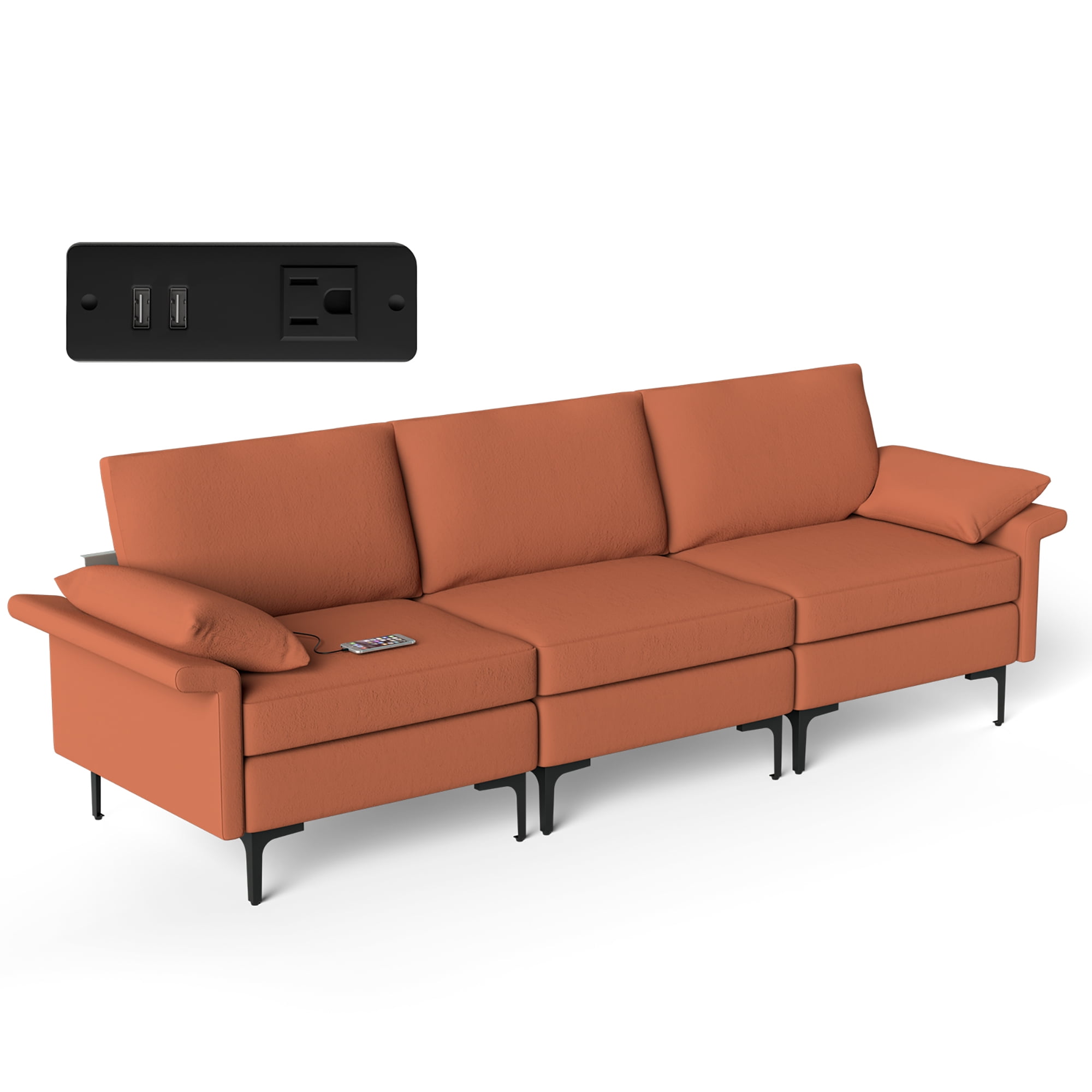 Costway Modern Modular Fabric 3Seat Sofa Couch w/ Socket USB Ports