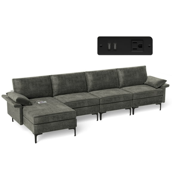 Costway Modern Modular L-shaped Sectional Sofa w/ Reversible Chaise & 2 USB Ports Grey
