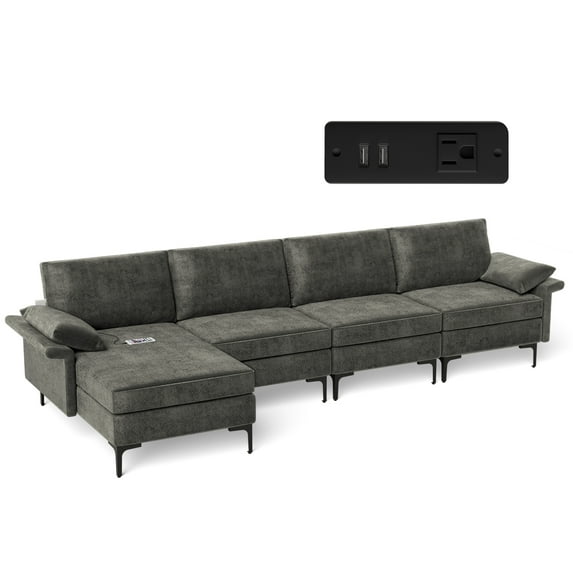 Costway Modern Modular L-shaped Sectional Sofa w/ Reversible Chaise & 2 USB Ports Grey