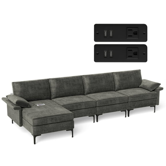 Costway Modern Modular L-shaped Sectional Sofa w/ Reversible Chaise & 4 USB Ports Gray