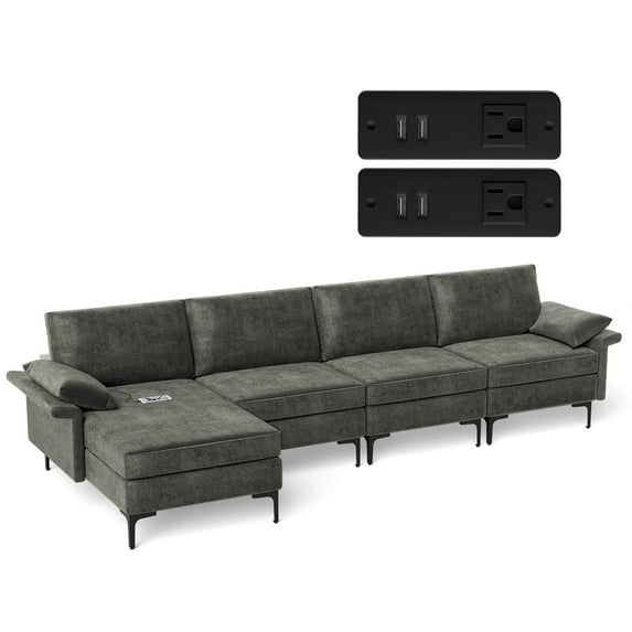 Costway Modern Modular L-shaped Sectional Sofa w/ Reversible Chaise & 4 USB Ports Gray