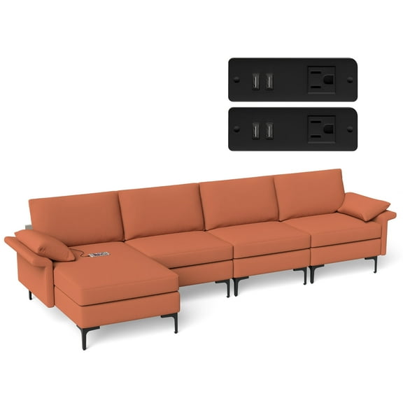 Costway Modern Modular L-shaped Sectional Sofa w/ Reversible Chaise & 4 USB Ports Red