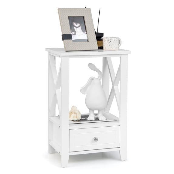 Costway Modern Nightstand with Bottom Drawer Storage Shelf Small Side End Table White