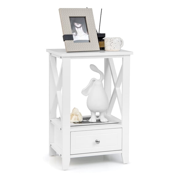 Costway Modern Nightstand with Bottom Drawer Storage Shelf Small Side End Table White