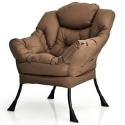 Costway Modern Polyester Fabric Lazy Chair Single Sofa Chair w/ Side Pocket Brown