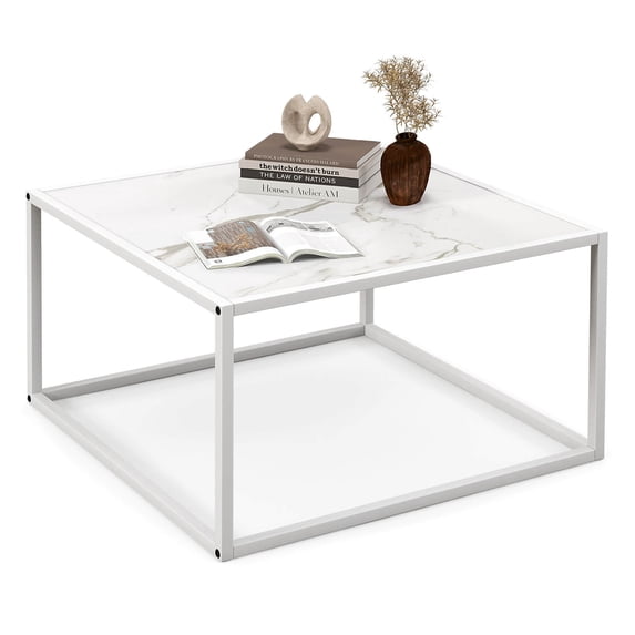 Costway Modern Rectangular Wood Coffee Table with Metal Frame, White/Marble