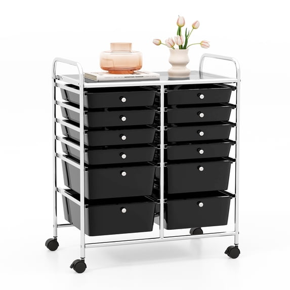 Costway Modern Rolling Cart with 12 Drawer Detachable Drawers & Lockable Wheels Black