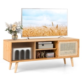 Costway Modern TV Stand Entertainment Center Media Console with Rattan Glass Sliding Doors Natural