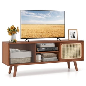 Costway Modern TV Stand Entertainment Center Media Console with Rattan Glass Sliding Doors Brown