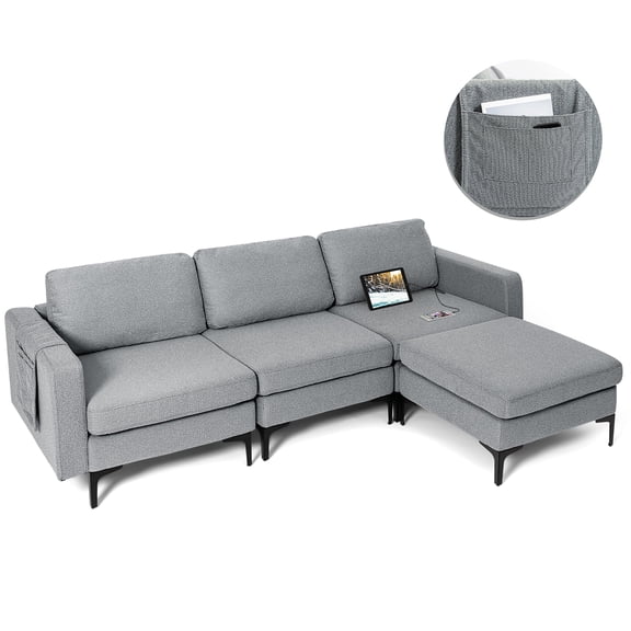 Costway Modular L-shaped 3 Seat Sectional Sofa w/ Reversible Chaise & 2 USB Ports Dark Grey