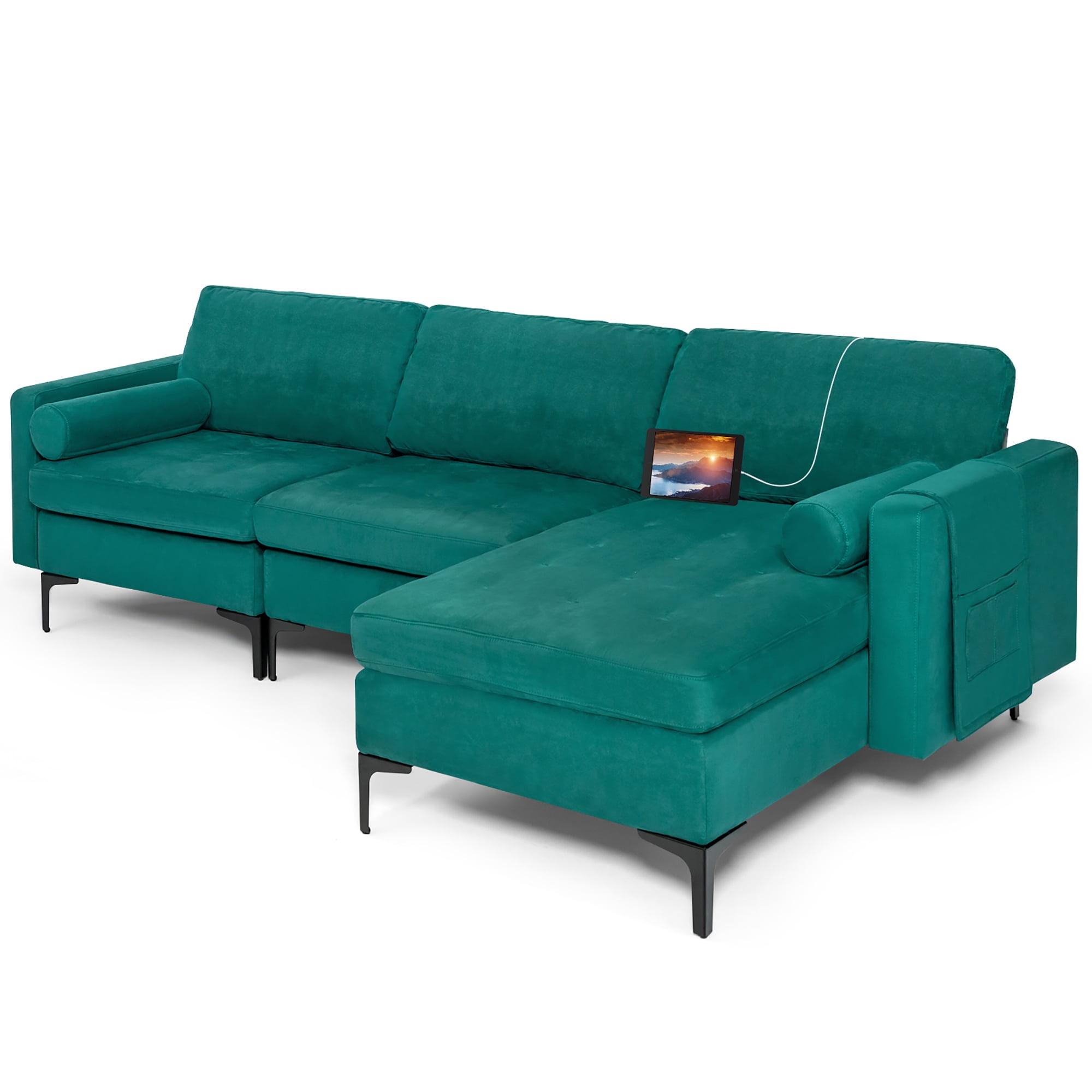 Costway Oversized Modular Corner Couch L-shaped Sectional Sofa w/ Reversible Chaise & 2 USB Ports Teal