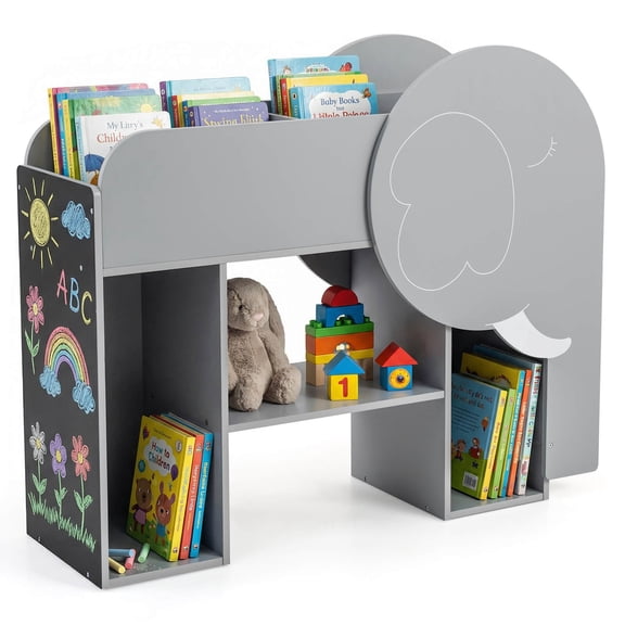 Costway Montessori Bookshelf with Elephant Shape, Chalkboard, 5 Cubbies, 3-Row Abacus Toy