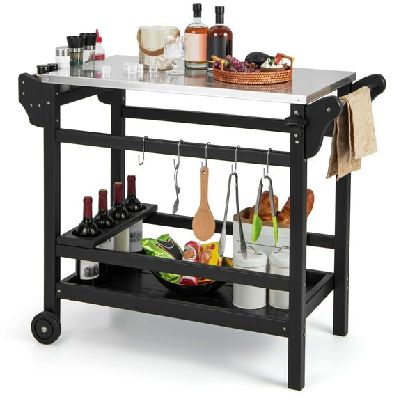 Costway Movable Outdoor Dining Cart Table with Stainless Steel Tabletop, Seasoning Tray