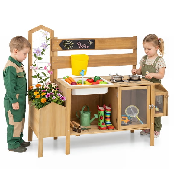 Costway Mud Kitchen for Kids, Pretend Play Kitchen with Detachable Bird Cage,Trellis