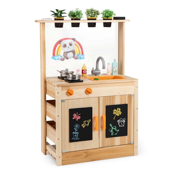 Costway Off-White Mud Kitchen for Kids with Planting Pots Stovetops Removable Sink Acrylic Panel