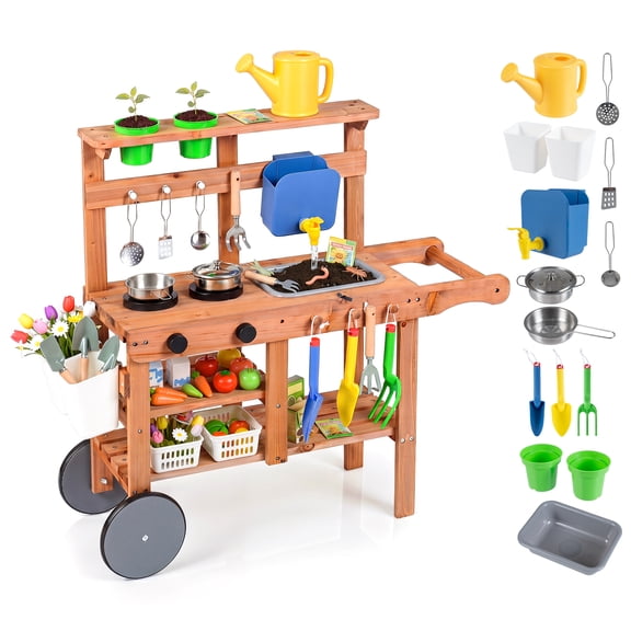 Costway Mud Kitchen for Kids with Wheels, Removable Sink, Cooking and Gardening Accessories