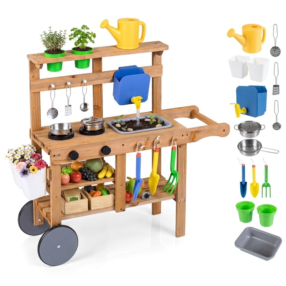 Costway Mud Kitchen for Kids with Wheels, Removable Sink, Cooking and Gardening Accessories