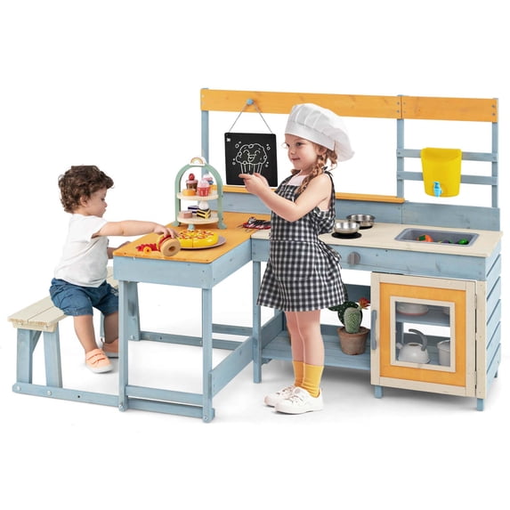 Costway Mud Kitchen with Kids Picnic Table Built-in Bench Blackboard Water Box Sink
