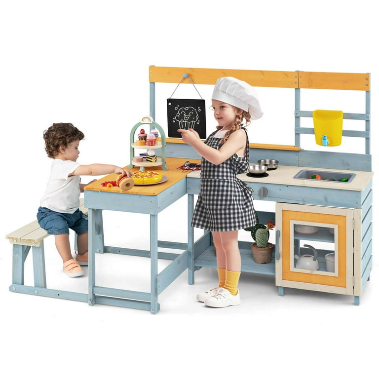 Costway Mud Kitchen with Kids Picnic Table Built-in Bench