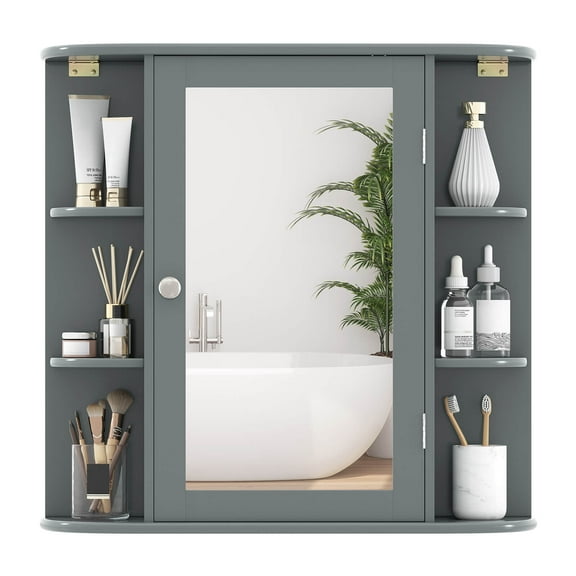 Costway Multipurpose Mount Wall Surface Bathroom Storage Cabinet Mirror Gray