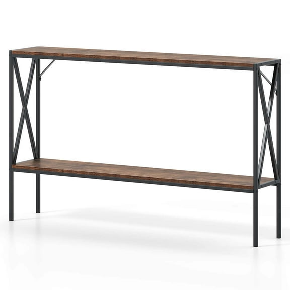 Costway Narrow Console Table 2-Tier Entryway Table with Storage 2 Support Bars Sofa Table Brown