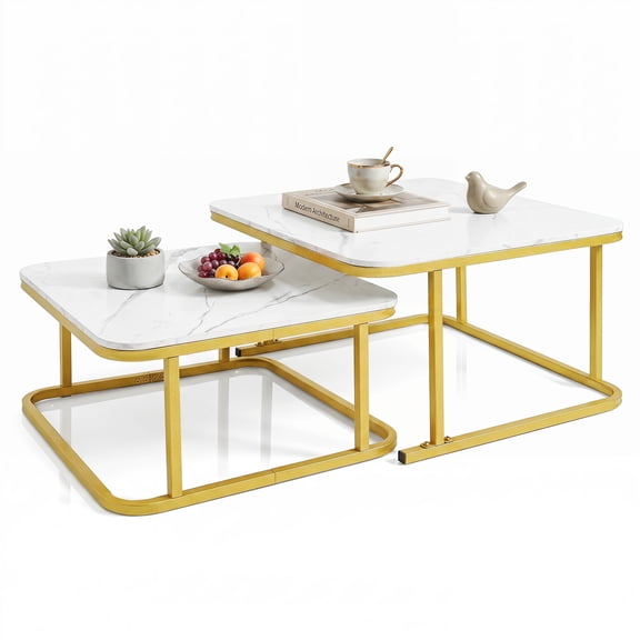 Costway Nesting Coffee Table Set of 2 with Faux Marble Tabletop & Metal Frame for Home White & Gold