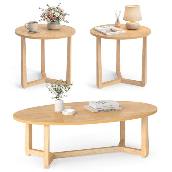 Costway Nesting Coffee Table Set of 3 Oval Accent Table & Round Sofa Side Table Natural