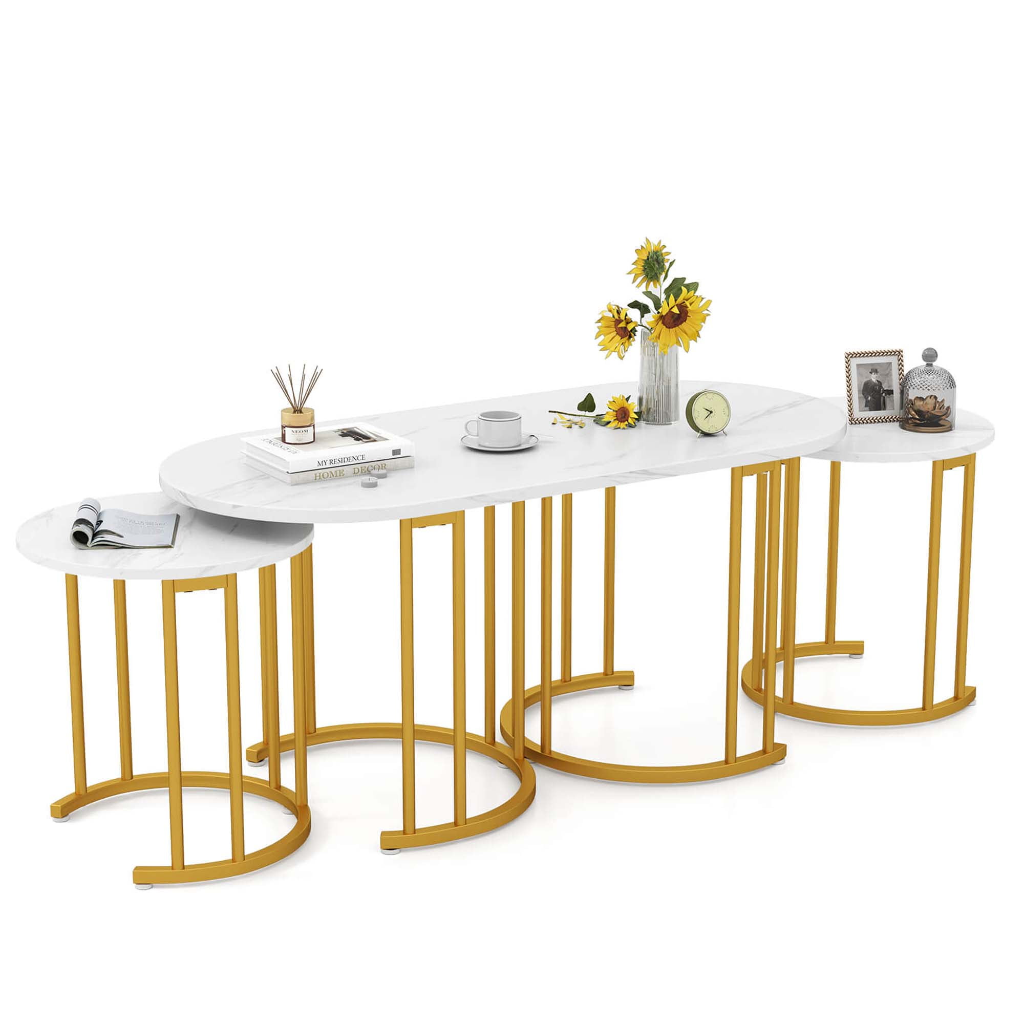 White Faux Marble and Gold Metal Nesting Coffee Table Set