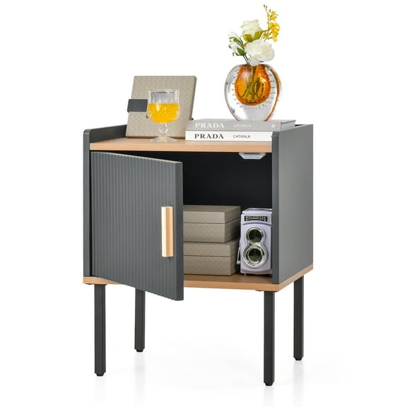 Costway Nightstand Bedside End Table with Door Cabinet for Living Room Bedroom Grey