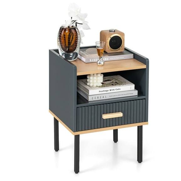 Costway Nightstand Bedside End Table with Drawer & Open Shelf for Living Room Bedroom Grey