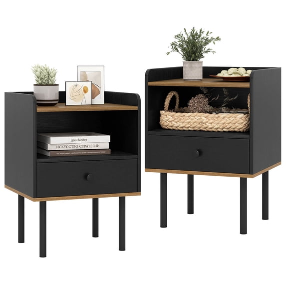 Costway 2 PCS Nightstand Side End Table with Drawer & Open Shelf for Living Room Bedroom