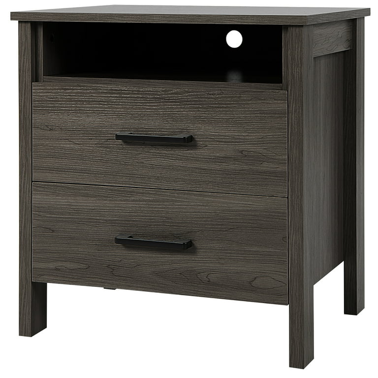 Costway Nightstand Drawers Rustic Side End Table Storage Compartment Cable Hole Walnut Walmart